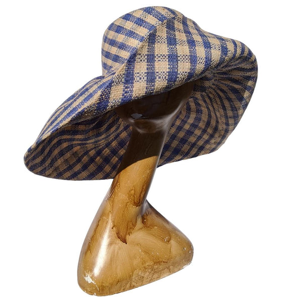 Blue Gingham Oversized Brim Raffia Hat | Shape able Hat For Women | Wide Brim | Soava