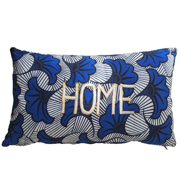 Blue & White African Print "HOME" Lumbar Throw Pillow