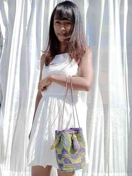 Purple, Blue and Green Small Raffia Drawstring Crochet Bucket Bag