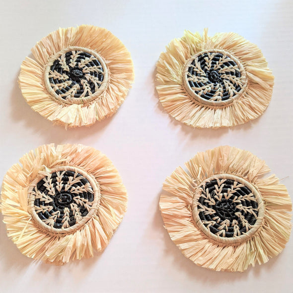 Raffia Fringes Coasters Set | Black & Natural