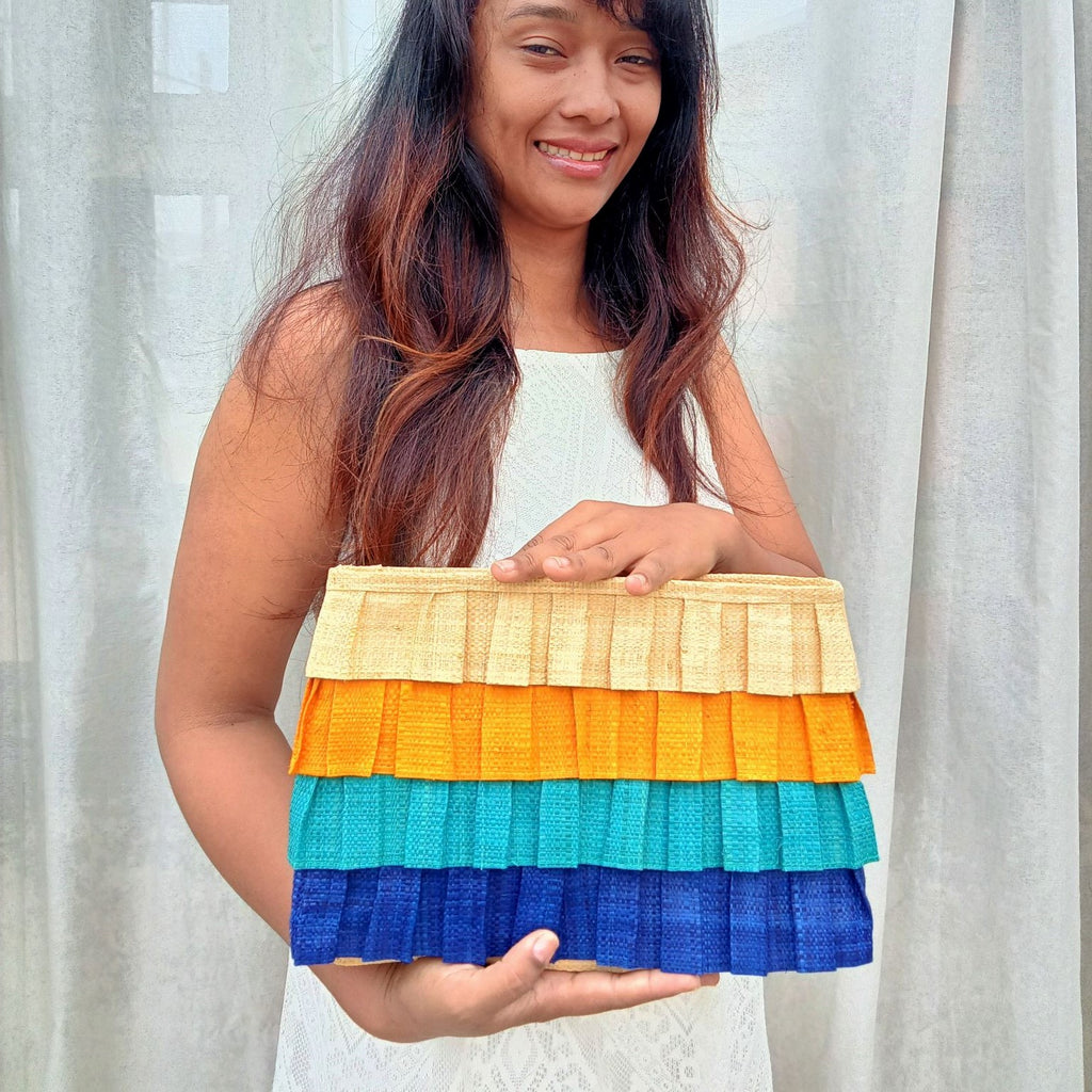 Oversized Raffia Clutch | Multicolored | Blue, Teal, Yellow