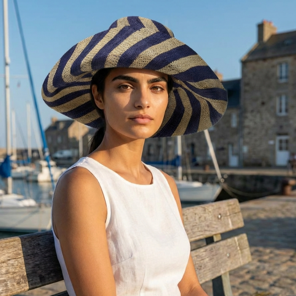 AUDREY | 5 Inches Shapeable Brim Raffia Hat | Blue and Natural | UPF 50
