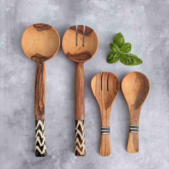 African wooden salad servers with black and white bone handles