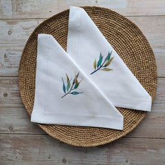 White Linen Napkins | Pulled Border | Hand Embroidered | Leaves