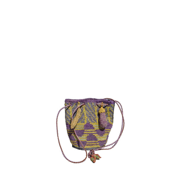 Purple, Blue and Green Small Raffia Drawstring Crochet Bucket Bag