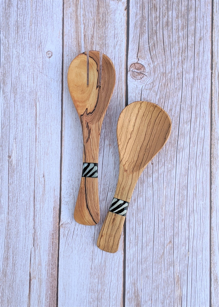Smaller pair of fair trade wood salad servers with inlay decoration on the handles