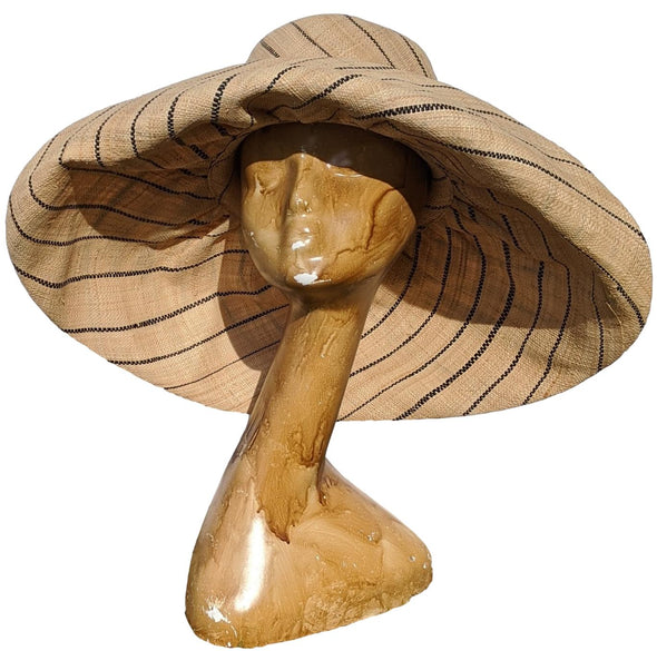 7 Inches-Wide Brim Raffia Straw Hat | Natural With Black Stripes