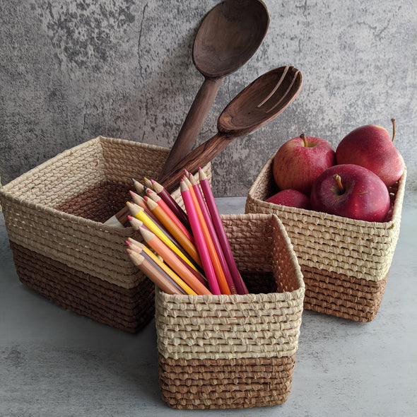 Woven Two-Tone Square Straw Baskets | Set of three