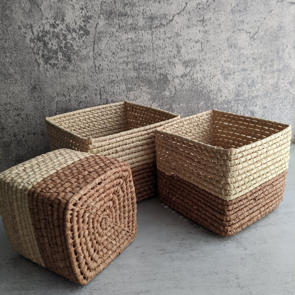 Woven Two-Tone Square Straw Baskets | Set of three